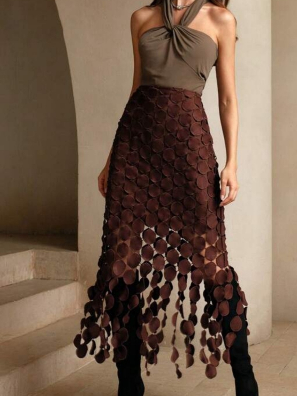 High-Rise Midi Skirt with Geometric Appliquè